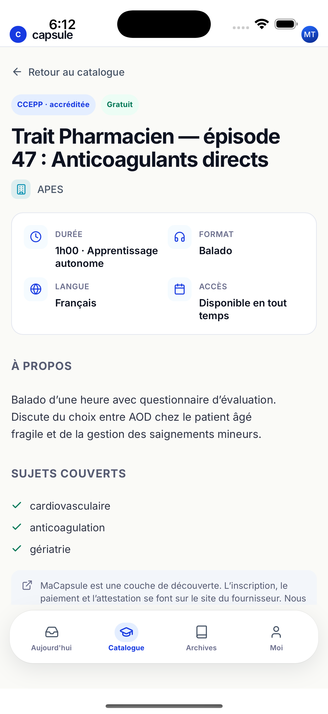 Détail d'une activité de formation dans MaCapsule